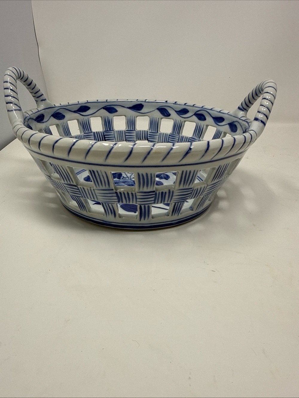 Blue & White Maitland Smith Porcelain Double Handled Lattice Basket Floral Desig